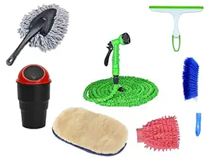 SACRED CAR ACCESSORIES Cleaning Combo 7 in 1 Water Spray Gun with expandable hose pipe (5m expandable upto 10m) Nylon Glove/ Small Duster/ Glove/ Glass Wiper/ Carpet Brush/ Car Dustbin Pack of 10