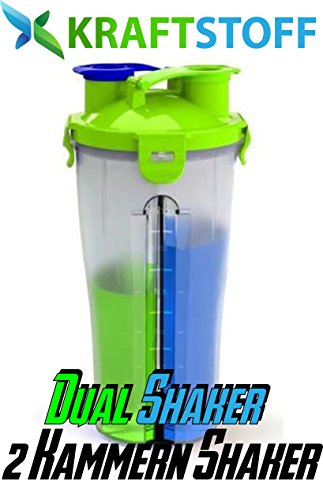 KRAFTSTOFF - DUAL SHAKER, 2 Kammern Shaker, Eiweiß SHAKER FÜR 2 RATIONEN / ZWEI SHAKER IN EINEM - 700 ml - 350 ml pro Seite / Protein Shaker für Damen und Herren / Der perfekte Fitness Shaker, Ideal als Smoothie Trinkbecher, Eiweiss Shaker, Shaker Flasche
