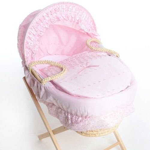 Luxury British Made Pink Milano Broderie Anglaise Moses Basket Bassinet Replacement Covers