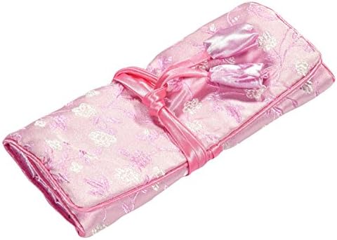 Pink White Flower Embroidered Silk Make Up Bag Wrap Jewellery Roll