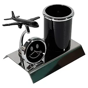 DECOR Airplane Showpiece Metal Pen Stand for Office Table, Pencil Holder, Single Compartment Desk Organizers with Happy Smiley Analog Table Clock in Black Color for Home Desktop, Dashboard Decoration & Corporate Gifts