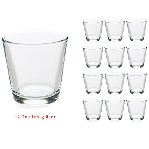Teelichtgläser im 12er Set 7,5 x 5,5 x 7,5 cm. Ideal als Tischdeko, Windlicht oder Dessertglas