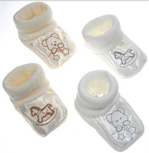 Unisex knitted rocking horse baby bootees beige newborn to 3 months