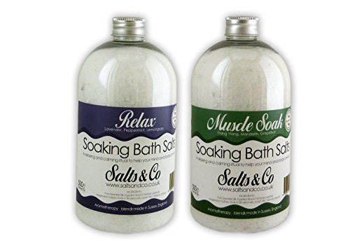 2 Bottles of Bath Salts - Relax & Muscle Soak - Lavender, Ylang Ylang, Mandarin & Grapefruit Essential Oils - Salts & Co Aromatherapy Epsom Salts - 2x500g