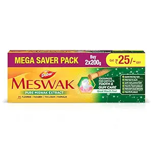 Dabur Meswak: Indias No-1 Fluoride Free Toothpaste with Antibacterial, Anti Inflammatory & Astringent benefits,Cavity Protection|Helps fight Plaque, Tartar, Cavity and Tooth Decay- 400 gram(200gm*2)