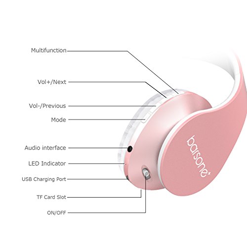 Barsone Cascos Inal  mbrico Bluetooth con Micr  fono y Radio Incorporada Soporta Tarjeta TF  Auriculares Est  reo de Diadema Plegables con Orejeras Suaves para iPhone  M  viles Android  Tableta  Oro rosa 