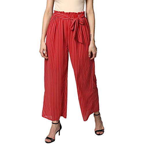 StyleStoneWomen's Red Stripe Paper Bag Pants with Elasticated Waistline