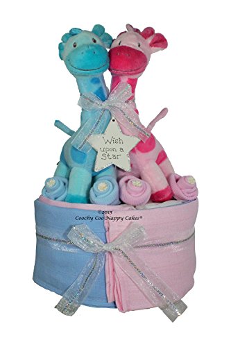 Twin baby Boy and Girl Giraffe Nappy Cake Gift FREE DELIVERY