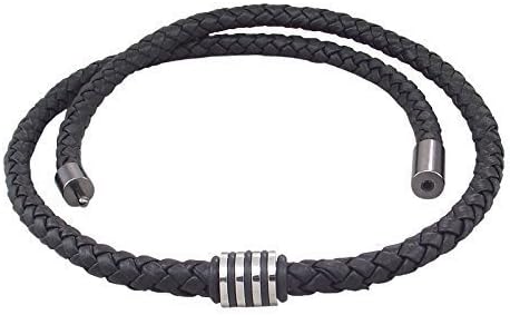 Mens leather necklace with stainless steel bead - Hand braided Nappa leather
