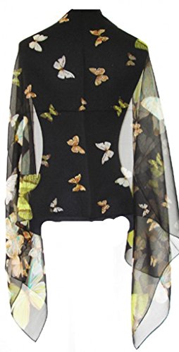 Prettystern - 100% Foulard di Seta Sciarpa Leggera Chiffon Donna Farfalle Volanti - Nero
