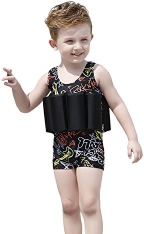 Kids Swimsuits Detachable Swimwear Siamese Swimming Training Kids Swimming Float Suits（140 Black Music Symbol）
