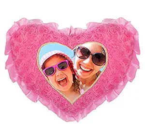 DreamVio Personalized/Personalise Pink Heart Rose Fur Photo Cushion for Couples/Kids/Friends/Pillow with 1 Photo/ Pillow with Filler/ Heart Shape - Size - 15x17 Inches (Pack of 1)
