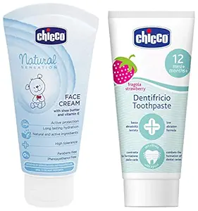 Chicco Toothpaste, Strawberry Flavour For 12M+ Baby, Fluoride Free, Preservative Free (50 Ml)&Natural Sensation Face Cream (Blue, 50Ml)