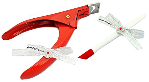 Jewel of London Stainless Steel Professional Precision 5" Red Lacquer Gem Encrusted False / Fake / Acrylic / Artificial / UV Gel / Fiberglass Nail Tip / Profile / Edge Cutter / Clipper / Trimmer / Slicer. with 10 cm Hoof Stick Cuticle Pusher. Certified High Quality Construction, 3 Years No-Risk Guarantee Plus Jewel of London Cashback Offer