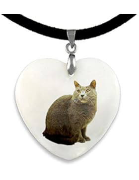 Chartreux - Kartäuser Katze Perlmutt Anhänger mit Samtkette