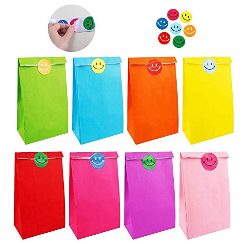 REAMOUS 40 Pcs Bolsa de Regalo de Bolsa de Fiesta con 50 Pcs Pegatina Cara Sonriente para Niños Suministros Fiesta de Cumpleaños Pascua Boda, 8 Colores, Papel Kraft Multicolor
