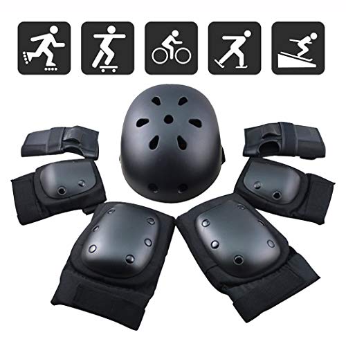 FUCNEN Ensemble de protections de sport avec coudières, protège-poignets, genouillères et casque pour enfant, adolescent et adulte L Noir