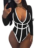 EUTOB Women's Deep V-Neck Long Sleeve Sexy Triangle Stripe Bodysuit, Black, Medium