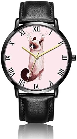 [KOSUNG] Grumpy Cat Wrist Watch, Customized Unisex Waterproof Stainless Steel Wrist Quartz Watch with Black PU Leather Wrist Band for Business Casual Collection Purpose