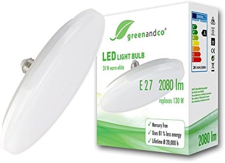 greenandco® E27 UFO LED Bulb 24W replaces 130W 2080lm 3000K (warm white) 180° beam angle 230V AC, no flicker, not dimmable