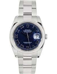 Rolex Mens New Style Heavy Band Stainless Steel Datejust Model 116234 Oyster Band 18K White Gold Fluted Bezel Blue Roman Dial