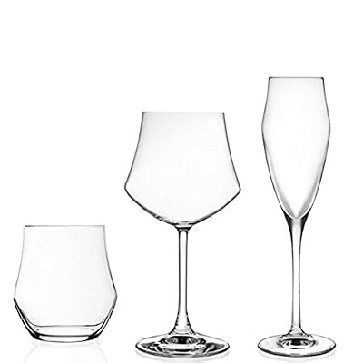 RCR EGO Service de verres de 18 pièces, composé de 6 flûtes, 6 verres à eau, 6 verres à vins, transparents, en cristal - Fabriqué en Italie