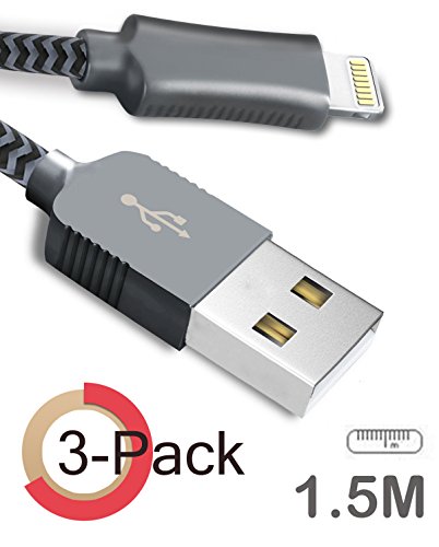 Nylon Kabel Zeuste 1.5m*3 iPhone Ladekabel Verbindungskabel Lightning haltbar Datenkabel für Apple iPhone 6 Plus/6 /5/5S/6S, iPad 4 iPad Mini/Air Arbeitet mit neuesten iOS-Update (GRAU)