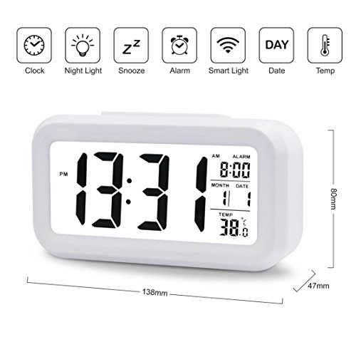 Kings & Queens LCD Wecker Mit Datums-Anzeige, Wiederholter Schlummerfunktion, Sensorlicht Und Nachtlicht, Intelligent, Simpel Und Leise, 13 cm – Weiss - 2