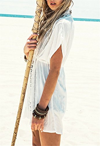 ERGEOB Damen Baumwolle Spitze Strand Bikini Kittel strandkleid weiß - 3