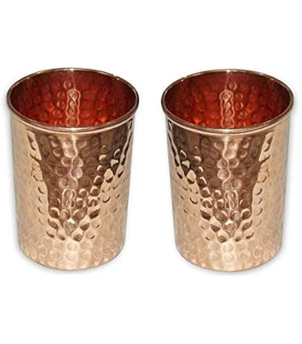 Brocca In Rame Puro Da 1.5L Con 2 Bicchieri Da 300ml – Set Martellato E Liscio, Laccato Esterno, Per Benefici Ayurvedici, Made In India