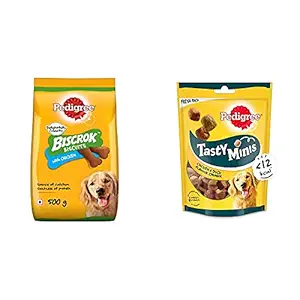 Pedigree Biscrok Biscuits Dog Treats (Above 4 Months), Chicken Flavor, 500g Pack & Tasty Minis Cubes Adult Dog Treat, Chicken & Duck Flavour Chunks - 130 g Pack