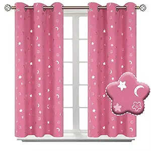 BGment Moon and Stars Blackout Curtains for Girls Bedroom, Grommet Thermal Insulated Room Darkening Printed Kids Curtains, 2 Panels of 42 x 45 Inch, Pink