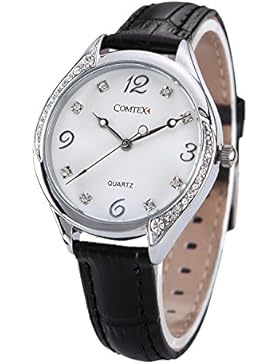 Damenuhr weißes Zifferblatt schwarzes Leder Armbanduhr Wasserdicht