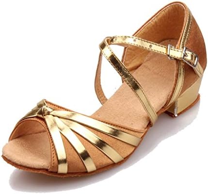 Wgwioo Kid Children Womens Chunky Heel Leather Cow Suede Salsa Tango Ankle Strappy Buckle Dance Shoes Ballroom Latin Dance Sandals . 4# . 30
