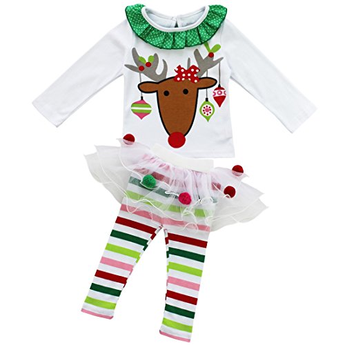 TiaoBug 2pcs Baby Girls Christmas Santa Cartoon Deer Ruffle T-shirt Tops Striped Tutu Pants Sets White 2-3 Years