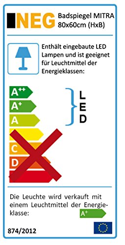 NEG Badspiegel MITRA 80x60cm (HxB) Spiegel (abgerundet) mit integrierter und energiesparender LED-Beleuchtung (warmweiß 3000 Kelvin) IP44 - 2