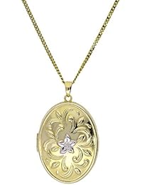 Gran Guardapelo Ovalado Oro 9 Quilates y Flor de Oro Blanco | Cadena 40 45 50 cm