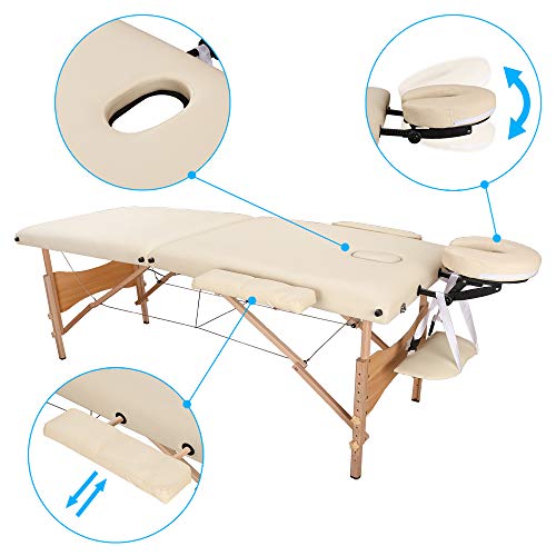 Preisvergleich Produktbild wolketon Vollholzgestell Massageliege mit Kopfstütze Massagetisch Höhenverstellbar Massagebett inkl. Tragetasche Massagestuhl PU Leder Beige