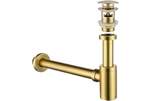 SAGASAVE Trappole a Bottiglia in Acciaio Inox - Set Completo Sifone per Lavello da Cucina e Bagno con Troppopieno, Tappo per Lavello, Oro Spazzolato