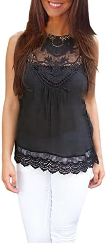 Tefamore Women Summer Vest Top Sleeveless Casual Lace Tank Shirt (S, Black)