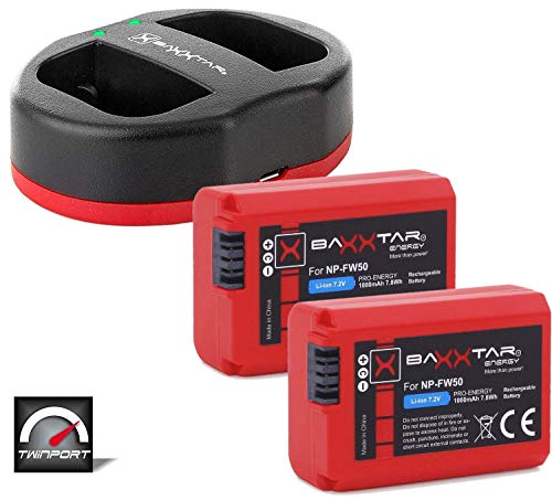 Baxxtar Pro Set - Repuesto para batería Sony NP-FW50 (2X) con Cargador Twin Port 1822 (USB Dual)