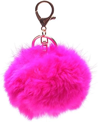 Dasuke Plush Ball Gold Plated Charm Key Chain for Car Key Ring Bag (Rose Red)