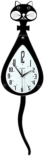 KKLOCK Wall Clock Metall Mute Quartz Sweep Clock Double Power with Pendulum Slient for Living Room Bedroom Kitchen AA Battery Black Cat with Abric Numerals 8 Inch (Battery not included)