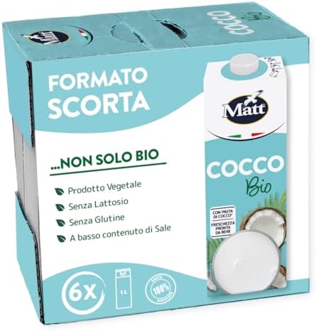 Matt, Cocco Bio, Bevanda Vegetale Senza Lattosio e Senza Zuccheri Aggiunti, Bevanda Fresca e Dissetante a Basso Contenuto di Grassi, Gusto Delicato e Dolce, Alimentazione Sana, Confezione da 6x1L
