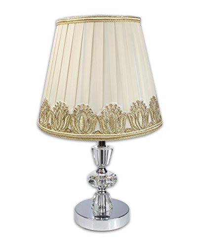 Vetrineinrete® Lume moderno da comodino abat jour lampada da tavolo in acciaio cromato e paralume decorato ricami oro D19-O B35