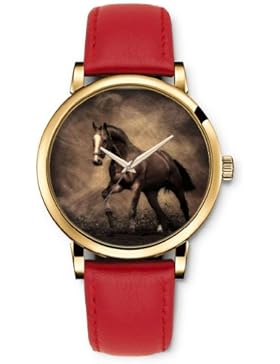 iCreat Damenarmbanduhr Golden Uhr mit Rot Leder Laufendes Pferd