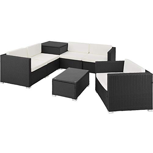 TecTake 800677 XXL Polyrattan Sitzgruppe, frei zu gruppierende Elemente, inkl. Aufbewahrungsbox mit Hubautomatik für Polster, Tisch mit Glasplatte - Diverse Farben - (Schwarz | Nr. 403076)