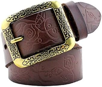 Mcdslrgo Women's Lady Floral Carved Western Jean Leather Belt Gold Buckle (Coffee)
