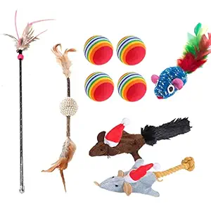 Cature 5 in 1 Cat Toys Kitten Toys Royal Combo-Feather Teaser Cat Stick,Cat Interactive Catnip Assorted Soft Feather Silver Vine Chew Teething Toy,Plush Mouse Rope Toy,4 Rainbow Ball(Pack of 1)