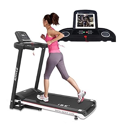 ISE Tapis de Course Pliable Semi-Pro Tapis de Marche| Electrique Motorisé 12.8 km/h avec 12 Programmes d'exercices pré-établis et écran LED | Sans inclinaison avec Roues de Transport | Max. 120 kg - Sécurité testée | Idéal pour les débutants et a…